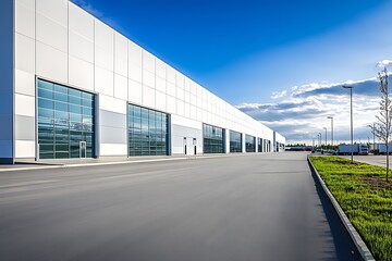 Aufkleber - Modern Industrial Warehouse Exterior with Clear Sky and Ample Paved Space : Generative AI