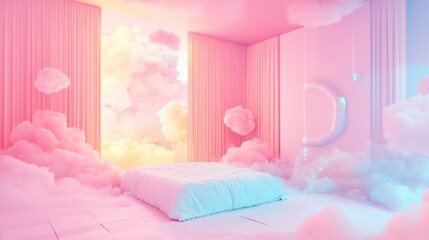 Wall Mural - dreamlike bedroom with pastel clouds and soft lighting.