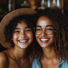 Wall Mural - Mother-daughter duo, both laughing during a playful moment