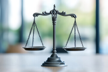 close up of legal emblem featuring balanced scale symbolizing justice and fairness, set against blurred background