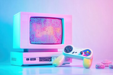 Leinwandbilder - Retro gaming console with pixelated display and colorful controller on a modern table setting. Generative AI