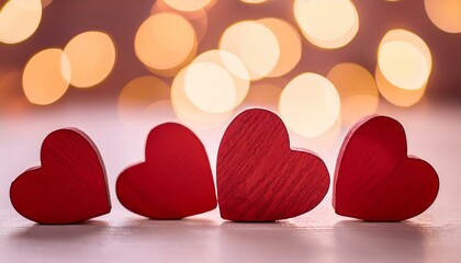 Wall Mural - Red wooden hearts on a white surface with a bokeh light background, a soft, romantic scene.