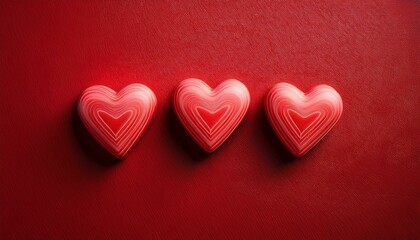 Wall Mural - Three candy hearts on a textured red background, a sweet, minimal Valentine's image.