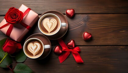 Wall Mural - Two cups of coffee, red heart chocolates, a rose, and a gift on a wooden surface, a Valentine's setting.