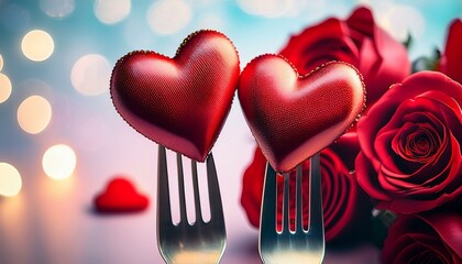 Wall Mural - Two red hearts held by forks with red roses in the background, a romantic Valentine's setup.