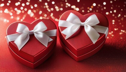 Wall Mural - Two red heart-shaped gift boxes with white bows against a sparkling red background.