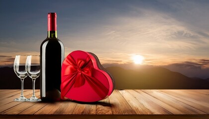 Wall Mural - Wine bottle, glasses with hearts, and a heart box, a classic Valentine's Day arrangement on wood.