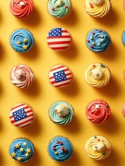 Aufkleber - Colorful cupcakes decorated with American flags for a festive celebration in a cheerful setting. Generative AI