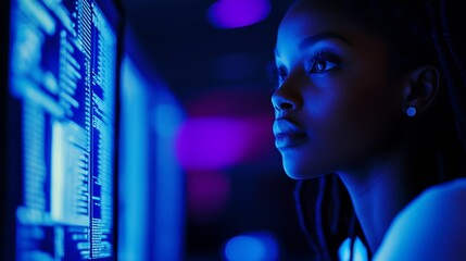 Leinwandbilder - Woman deeply focused on computer screen with data in futuristic blue lighting : Generative AI