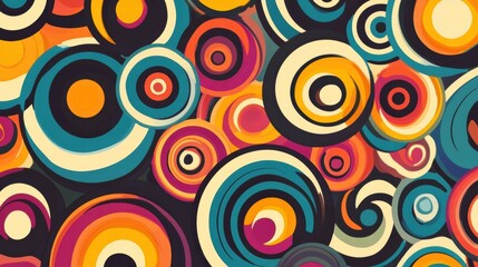 Poster - Colorful retro pattern featuring spirals and curves in vibrant 70s inspired color palette. Generative AI