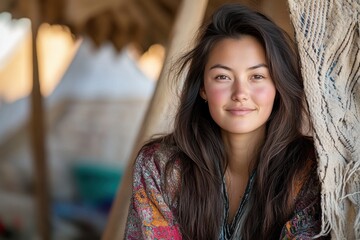 A serene young woman sits relaxed with a soft expression, dressed in colorful attire against a rustic backdrop, surrounded by nature's beauty and tranquility.