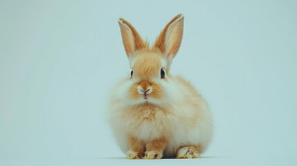 Cute fluffy brown bunny rabbit sitting on white background.