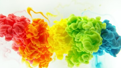Poster - Super Slow Motion of Colored Paints Mixing in Water. Isolated on White Background. Filmed on High Speed Cinema Camera, 1000fps.