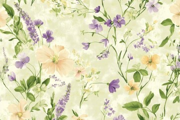 Aufkleber - Floral pattern featuring delicate flowers in various shades against a soft background. Generative AI