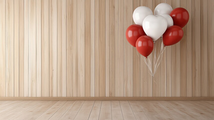 Sticker - Heart shaped balloons in red and white against wooden wall