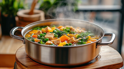 Canvas Print - steaming pot of vegetable soup with chicken and greens