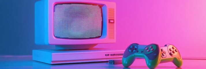 Leinwandbilder - Retro gaming console setup with colorful lighting effects creating nostalgic atmosphere. Generative AI