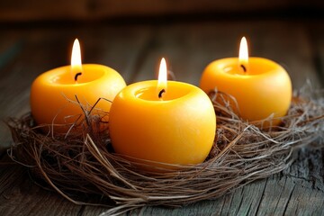 Aufkleber - Three vibrant yellow candles in a nest on a wooden surface create a warm and inviting atmosphere
