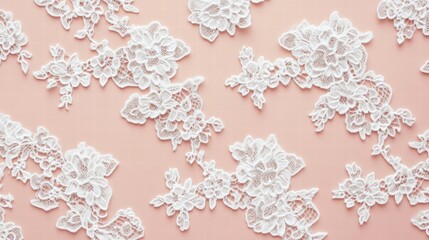 Poster - Intricate lace inspired seamless pattern showcasing delicate floral designs on a soft pink background. Generative AI