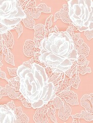 Poster - Lace inspired seamless pattern featuring delicate white roses on a soft peach background. Generative AI