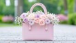 © Yulia - Elegant pastel floral arrangement in a pink handbag outdoors