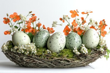 Decorative nest with speckled eggs and colorful flowers for spring celebration