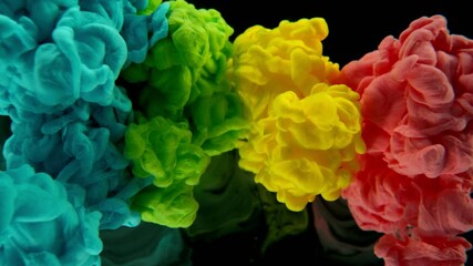 Poster - Super Slow Motion of Colored Paints Mixing in Water. Isolated on Black Background. Filmed on High Speed Cinema Camera, 1000fps. Speed Ramp Effect.