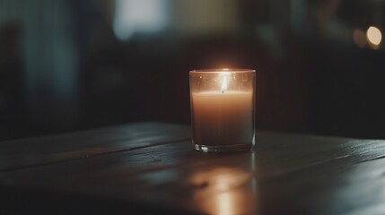 Wall Mural - Dark room with single candle flickering on wooden table during power outage, creating serene atmosphere with soft glow illuminating scattered items.