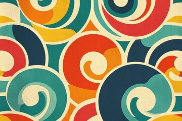 Poster - Colorful spirals and curved lines create a vibrant retro inspired pattern in 70s color palette. Generative AI