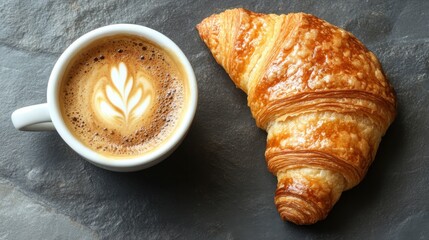 Freshly Baked Croissant and Aromatic Latte Coffee on a Rustic Slate Surface with Beautiful Latte Art Design Perfect for Breakfast or Café Themes