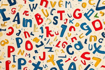 Poster - Colorful playful pattern of stylized letters and numbers scattered across a light background for creative design inspiration. Generative AI