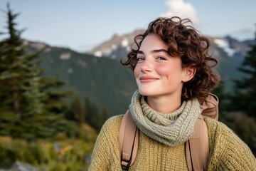 Wall Mural - A cheerful woman with curly hair enjoying a sunny day in the mountains