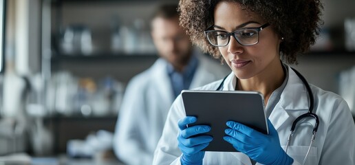 Poster - doctor holding an iPad, wearing blue gloves and a white coat in the background