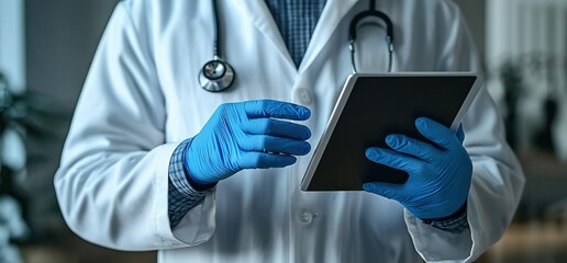 Poster - A doctor is holding a tablet in his hands while wearing blue gloves