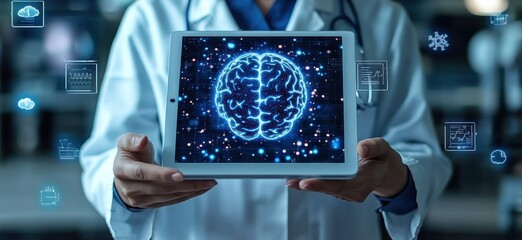 Poster - A doctor holds a tablet with a brain image on it