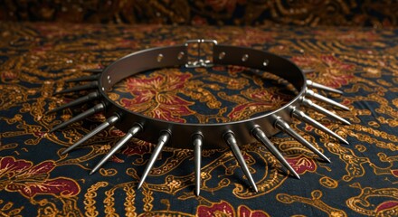 Spiked Metal Collar Rests on Ornate Fabric