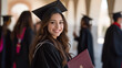 © Andres Mejia - Happy graduate student smiling while holding her diploma at graduation ceremony