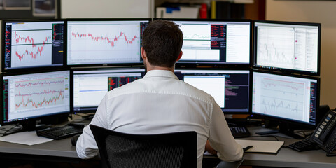 Poster - Stockbroker analyzing graphs on multiple computer screens in office