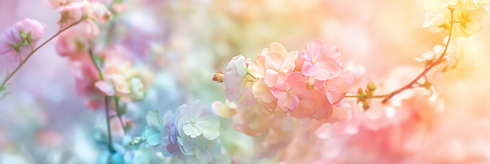 Poster - Ladybug walking on colorful pastel flowers in springtime