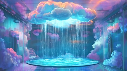 surreal indoor pool with cloud raining light.