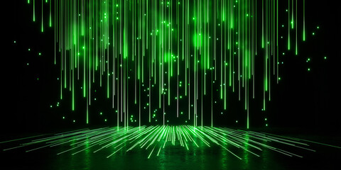 Fototapete - Green particle rain falling on reflective surface creating abstract light pattern