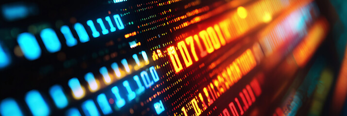 Binary code numbers flowing across digital display in futuristic cyberspace