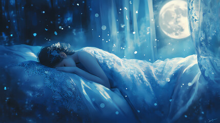 Wall Mural - Dreamy nighttime scene featuring peaceful slumber, soft blue hues, gentle moonbeams, and delicate lace fabrics, conveying relaxation and calmness. Moonbeam. Illustration