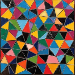 Poster - Vibrant mosaic inspired pattern featuring colorful triangles arranged in a dynamic display of shapes and hues. Generative AI