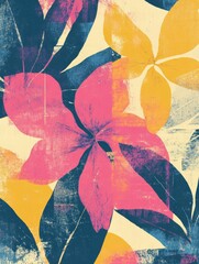 Poster - Retro risograph inspired floral pattern featuring vibrant colors and botanical shapes in a dynamic composition. Generative AI