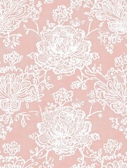 Poster - Lace inspired seamless pattern featuring floral designs on a soft pink background. Generative AI