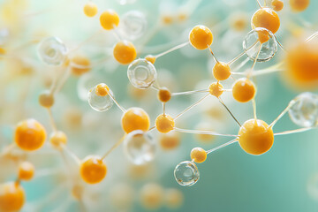 Wall Mural - abstract molecular structure: golden spheres & clear bubbles interconnected on aqua background