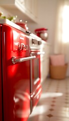 Wall Mural - A vibrant red kitchen stove in a cozy, well-lit kitchen setting.