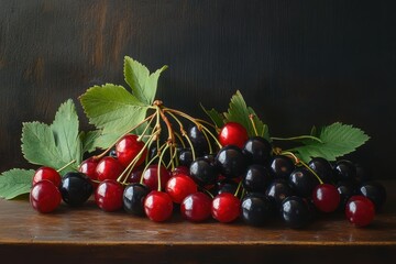 Wall Mural - Juicy ripe berries with leaves on the kitchen table red cherries and black currants