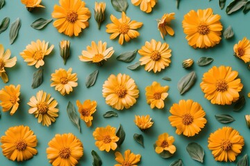 Wall Mural - Marigold flowers Calendula officinalis on a green blue backdrop An herbaceous plant in the Asteraceae family